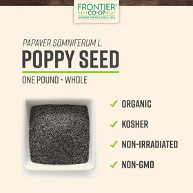 Close-up of Frontier Co-op Organic Poppy Seeds blue-black seeds for breads and dressings