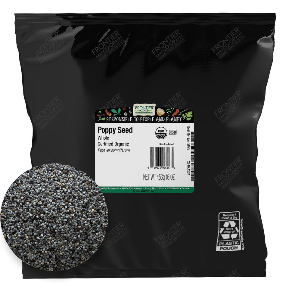 Frontier Co-op Organic Poppy Seeds packaging for pantry-friendly baking