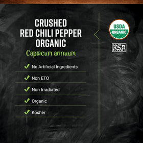 Frontier Co-op organic red chili peppers, dried and crushed, ready to spice dishes.