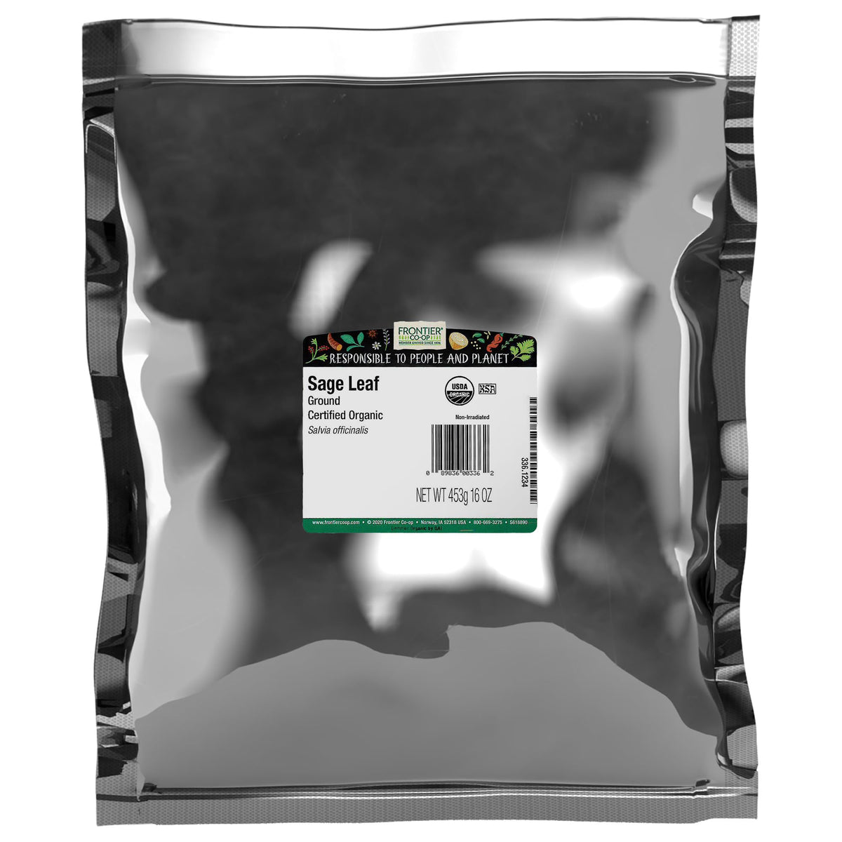 Frontier Co-op Organic Sage Leaf Powder bottle closeup for easy cooking