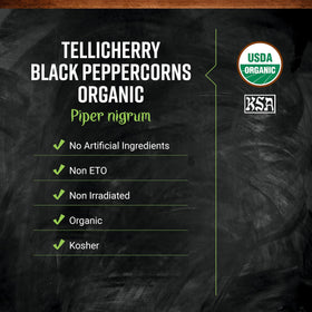 Frontier Co-op organic Tellicherry peppercorns closeup showing size and aroma