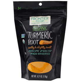 Frontier Co-op organic turmeric root powder in a resealable bag for fresh, versatile cooking.