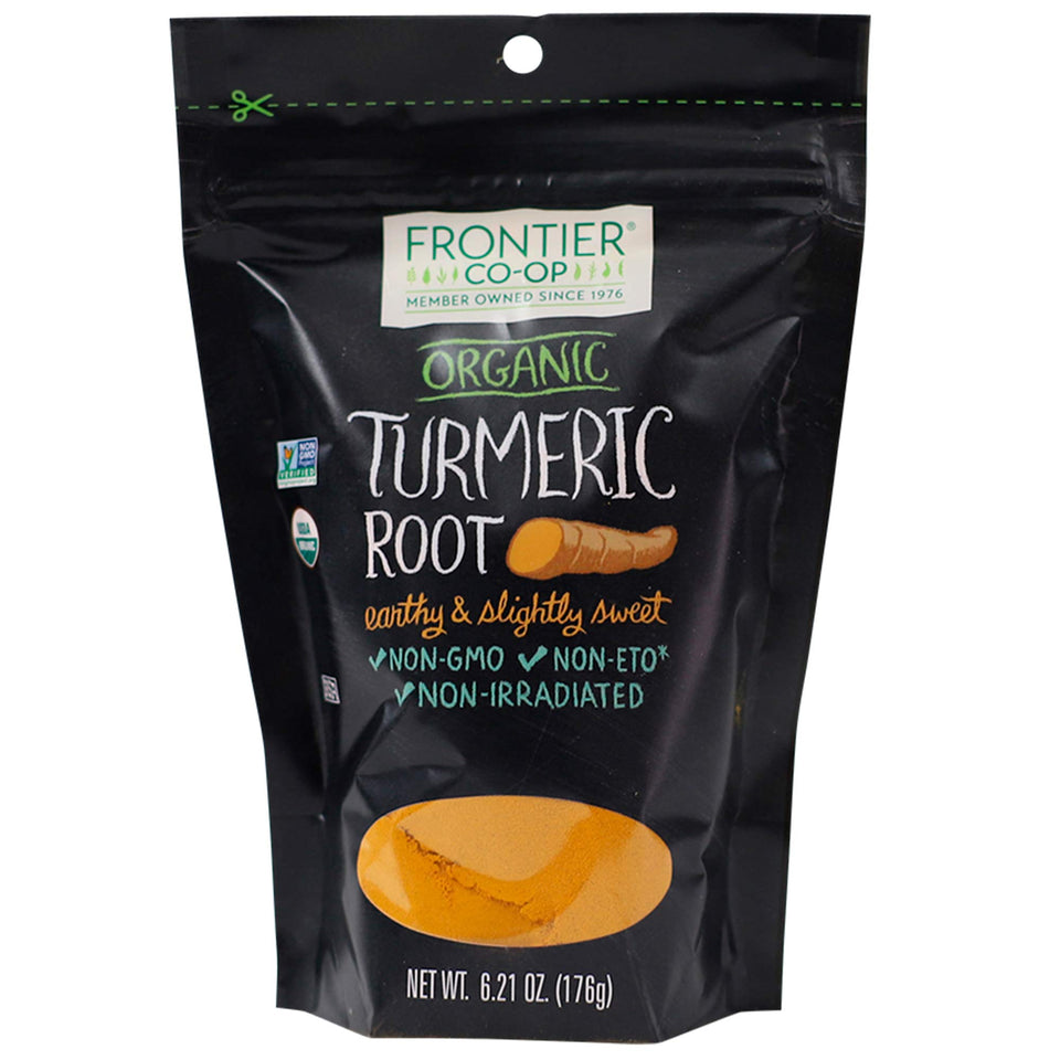 Frontier Co-op organic turmeric root powder in a resealable bag for fresh, versatile cooking.