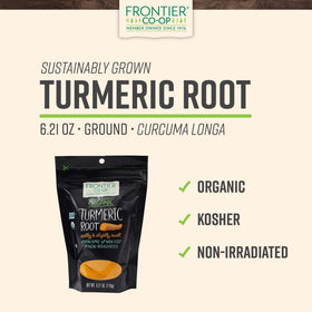 Frontier Co-op turmeric powder open bag shows vibrant color ready for sauces and curries.