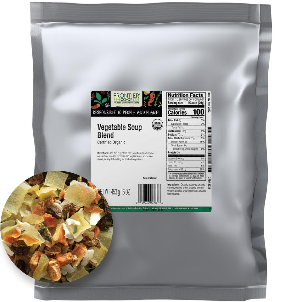Frontier Co-op Organic Vegetable Soup Blend bag with dried mix for quick, flavorful soups.