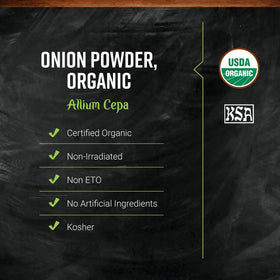 Shaker of Frontier Co-op onion powder over a skillet for flavor boost.