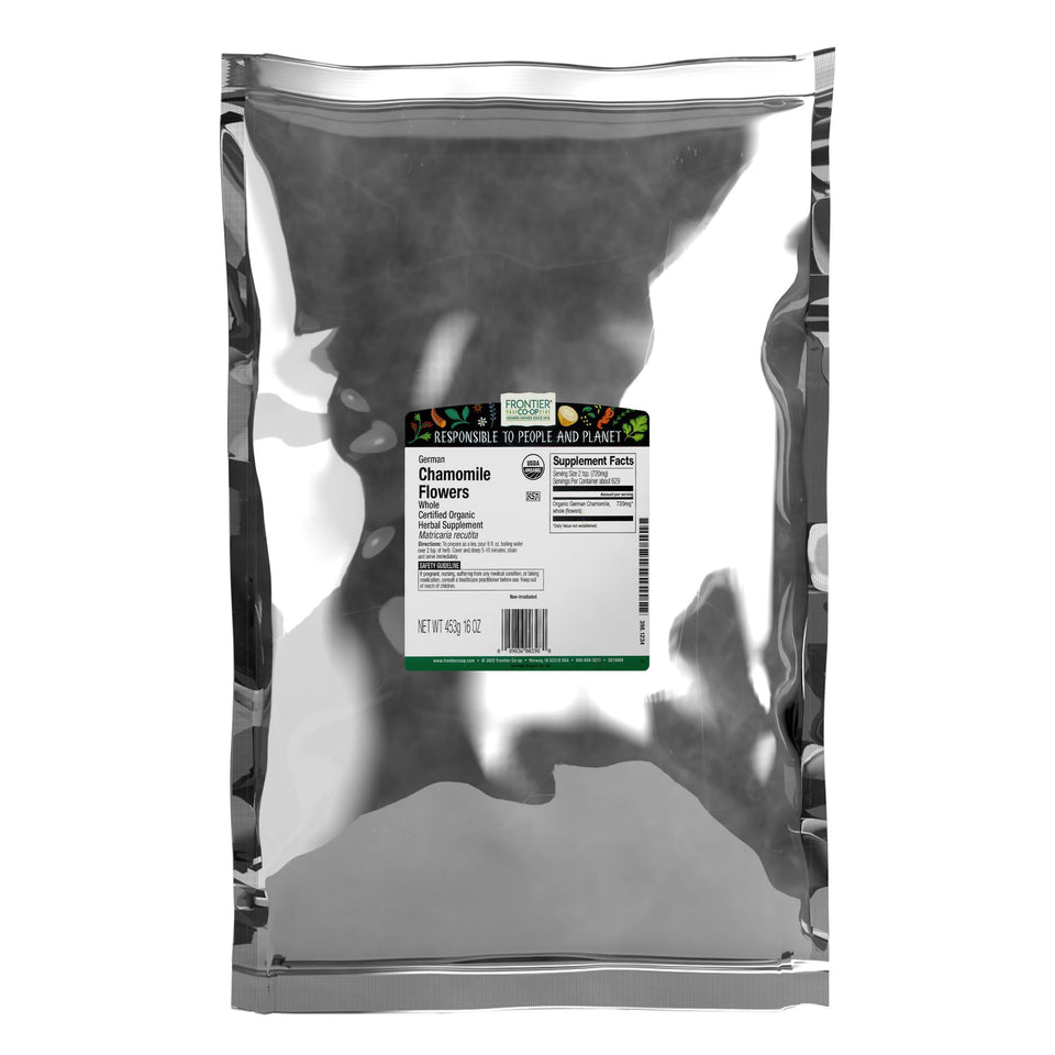 Frontier Co-op organic chamomile flowers for tea infusions and soothing aromas.