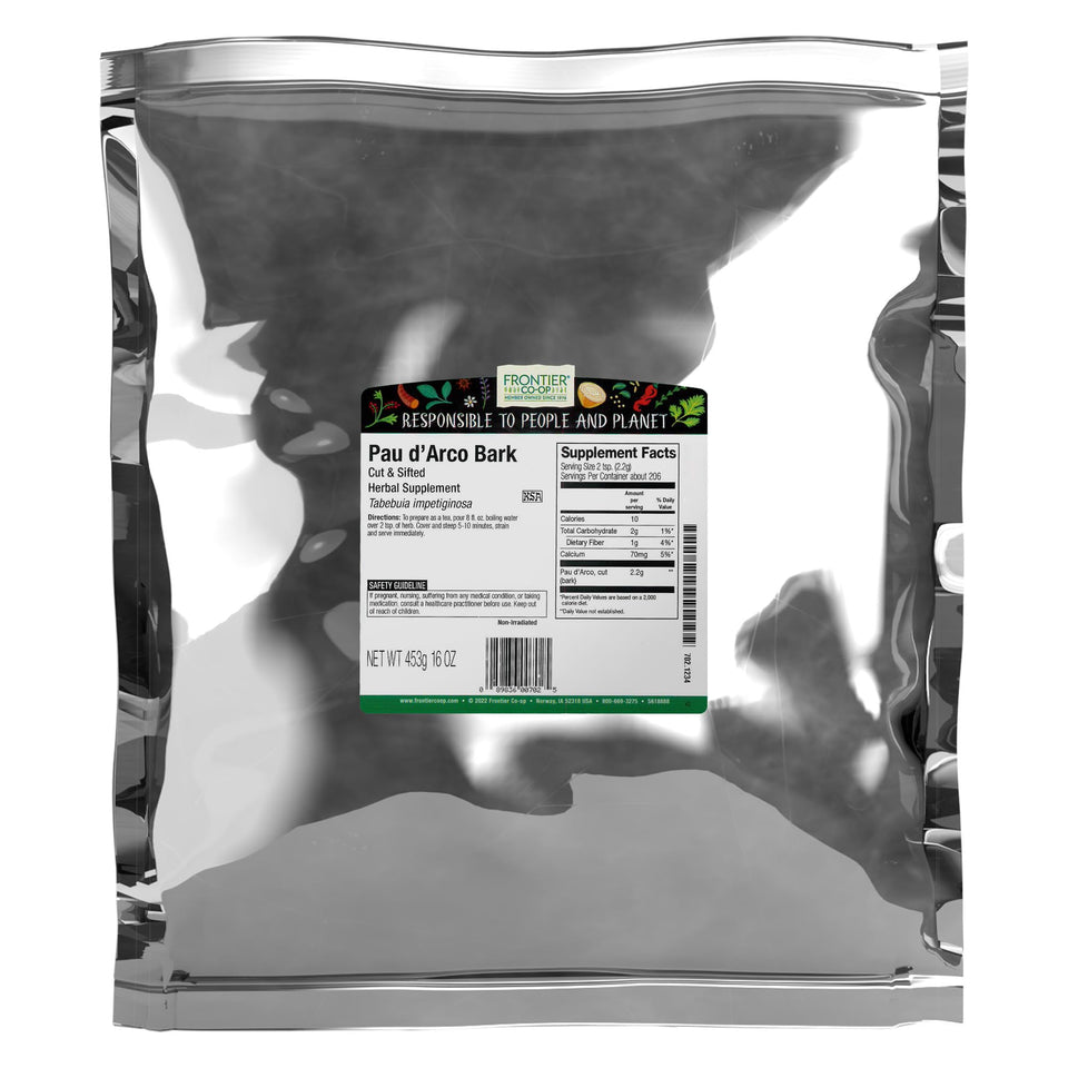 Frontier Co-op Pau d'Arco bark bulk bag ideal for long-term storage and blends.