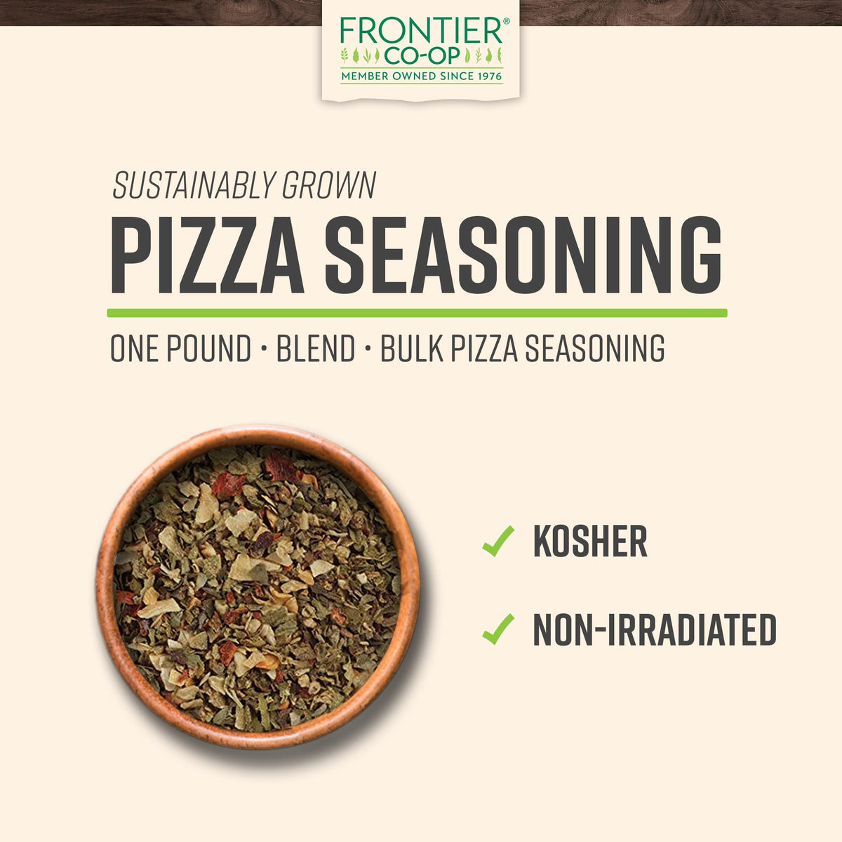 Close-up of Frontier Co-op pizza seasoning ingredients like oregano, garlic and basil.