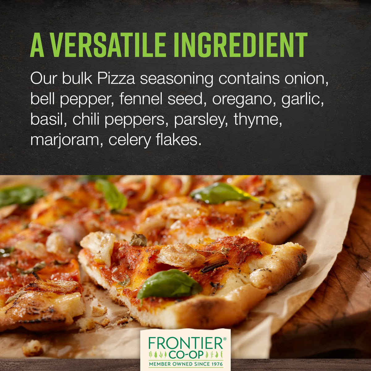 Kitchen spice rack with Frontier Co-op pizza seasoning bottle for versatile cooking.