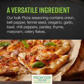 Kitchen spice rack with Frontier Co-op pizza seasoning bottle for versatile cooking.