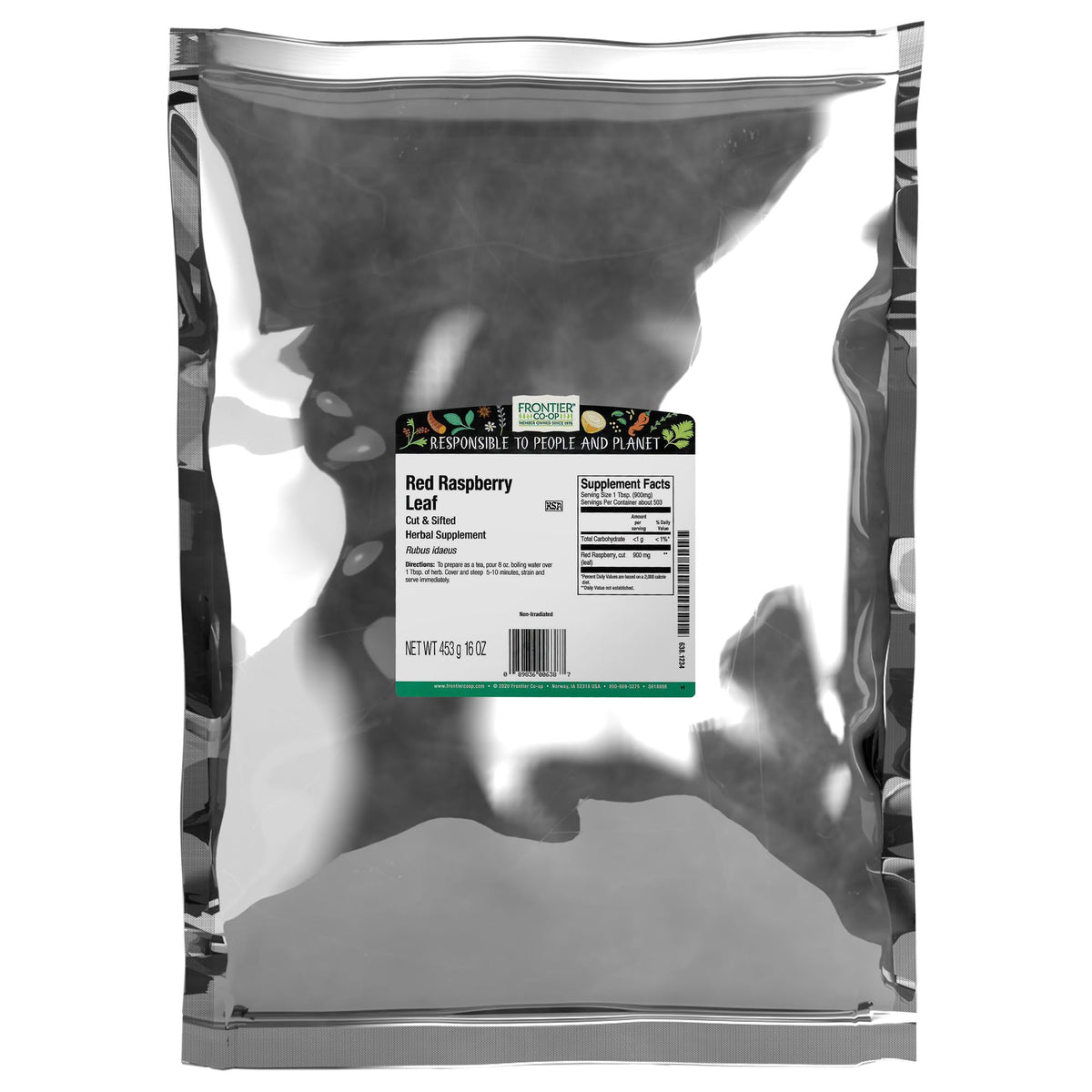 Frontier Co-op red raspberry leaf cut and sifted for caffeine-free tea blends