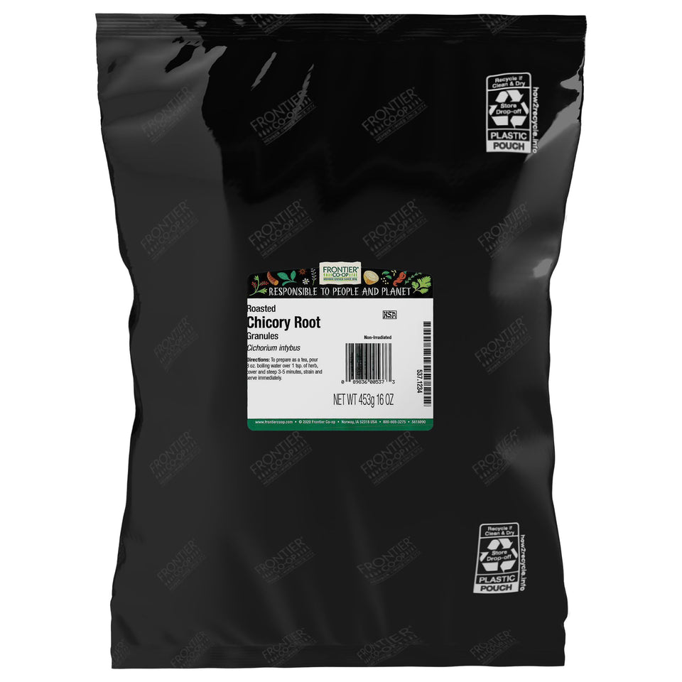 Frontier Co-op roasted chicory granules packaging for a caffeine-free coffee substitute