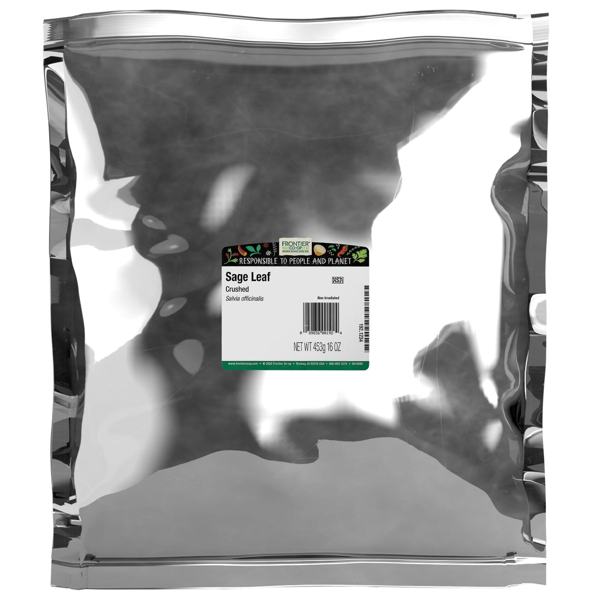 Frontier Co-op Sage Leaf Crushed in bulk packaging enhances stuffing and roasted dishes.