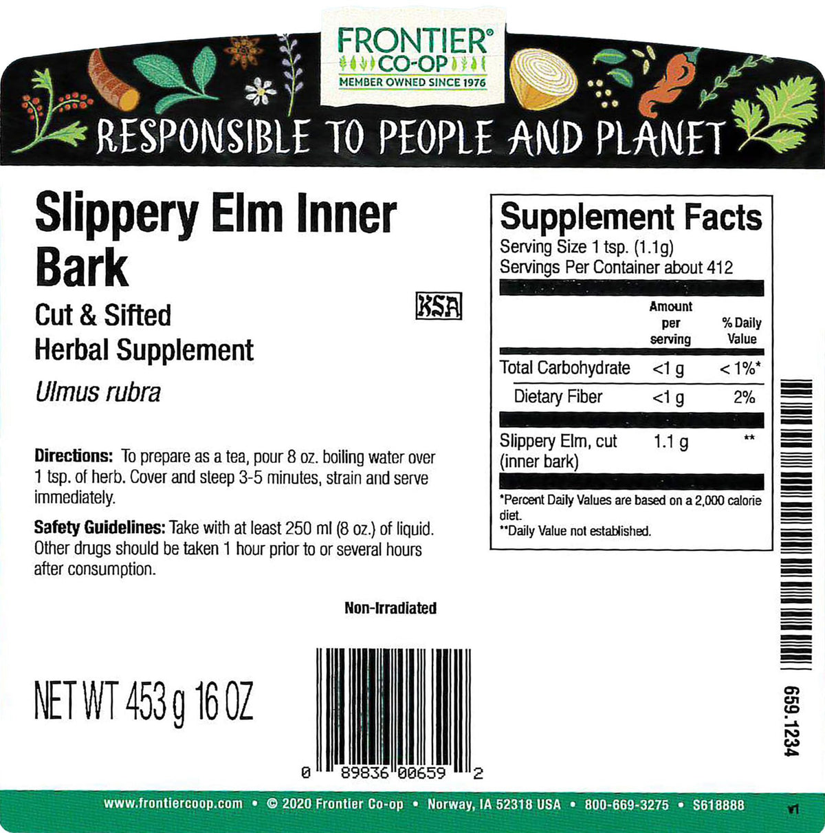 Frontier Co-op slippery elm bulk packaging promotes sustainability by reducing waste.
