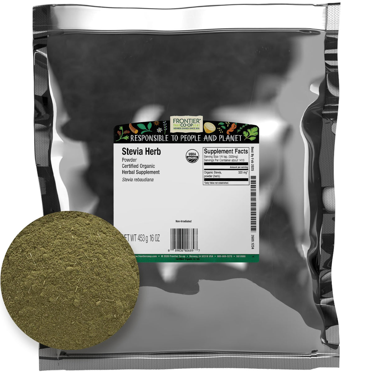 Frontier Co-op Stevia Powder bulk pack front view for kitchen ease.