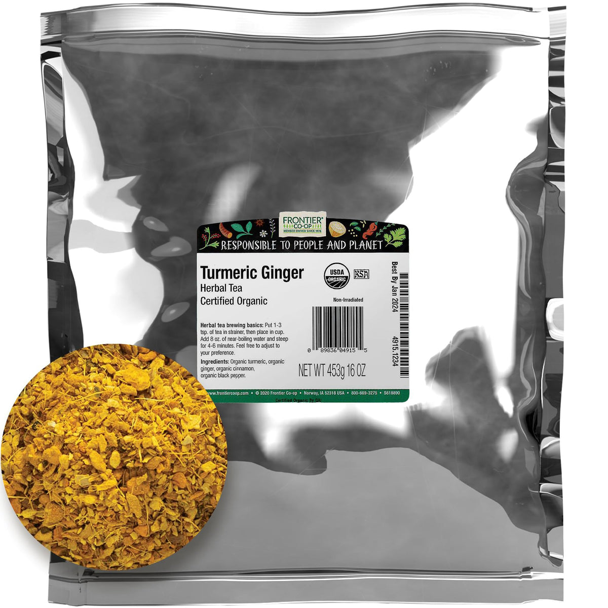 Frontier Co-op turmeric ginger blend bulk bag, ready for everyday tea and cooking.