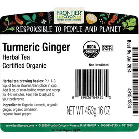 Frontier Co-op turmeric ginger blend tea in cup, warming flavor and aroma.