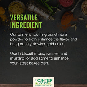 Frontier Co-op turmeric powder label detail emphasizes organic and kosher certification.