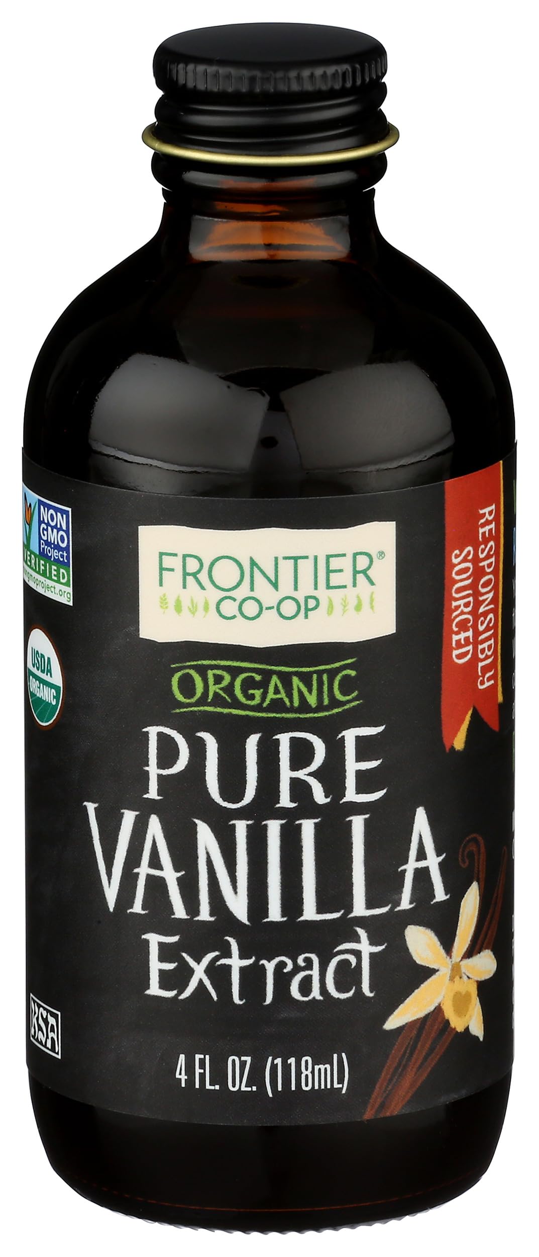 Frontier Co-op vanilla extract bottle front view highlights rich flavor for desserts.