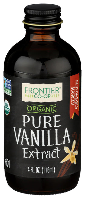 Frontier Co-op vanilla extract bottle front view highlights rich flavor for desserts.