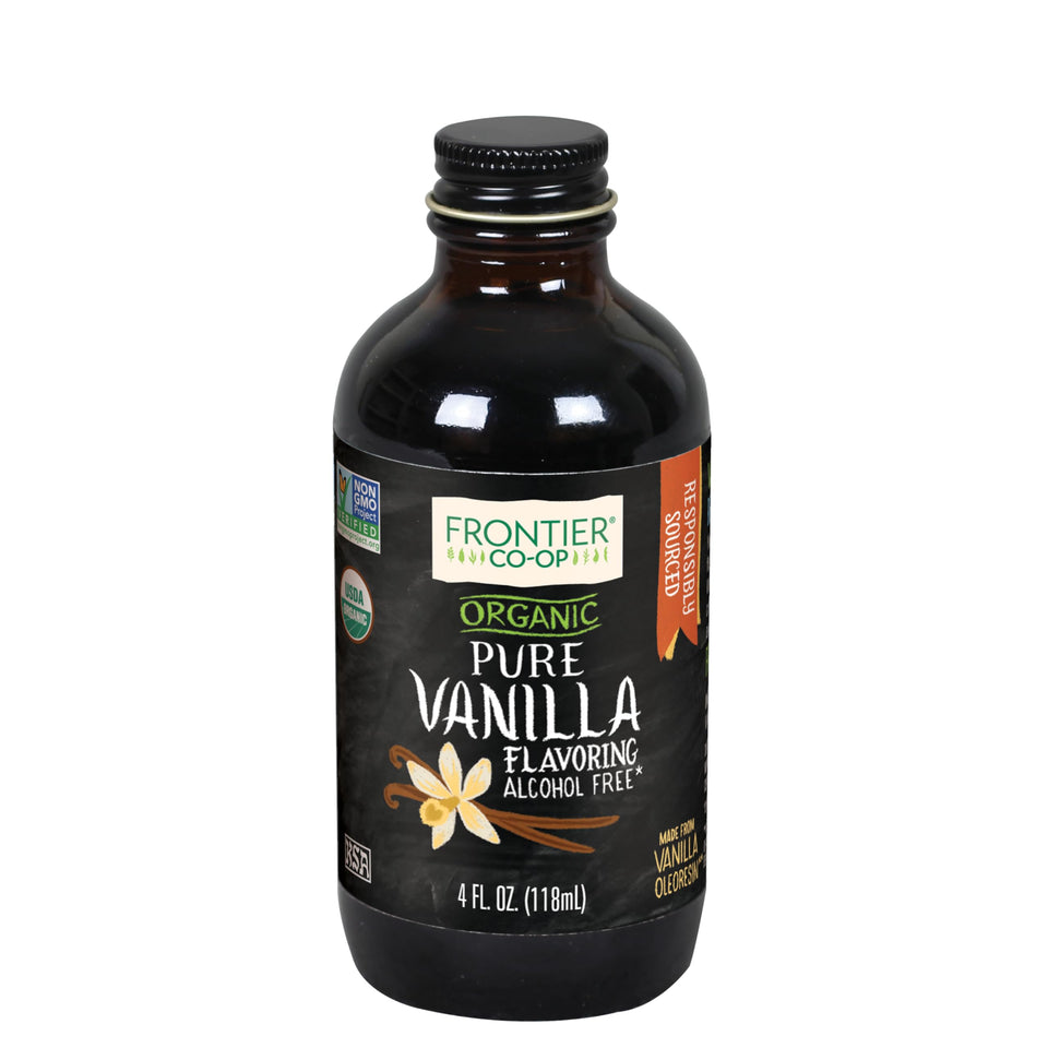 Frontier Co-op vanilla flavoring bottle with rich aroma ideal for baking and desserts