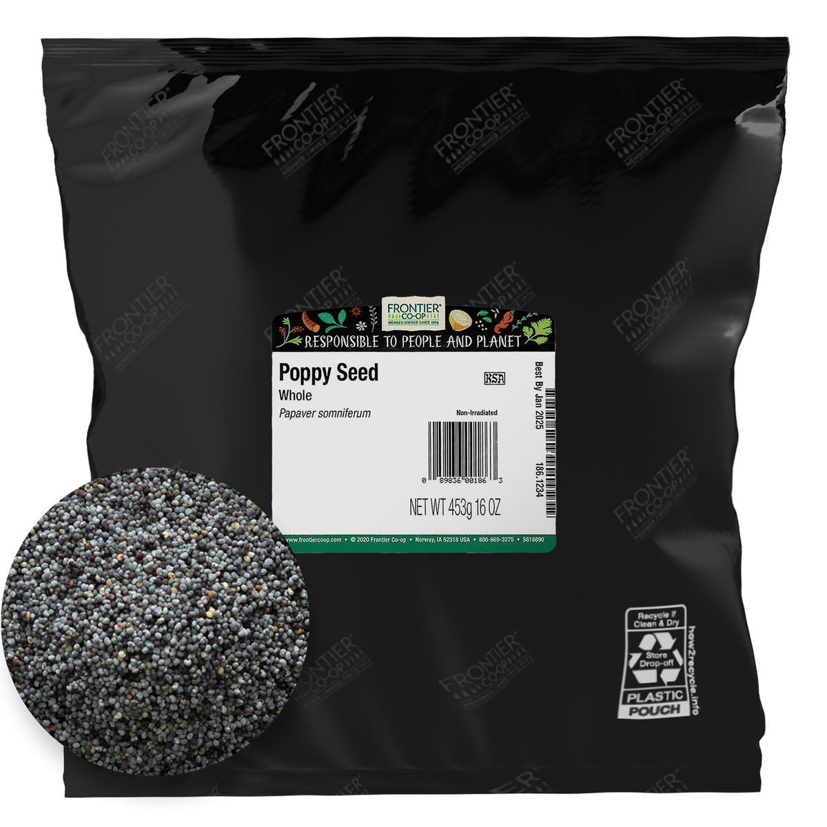 Frontier Co-op whole poppy seeds in a 1lb bag ready for bulk baking