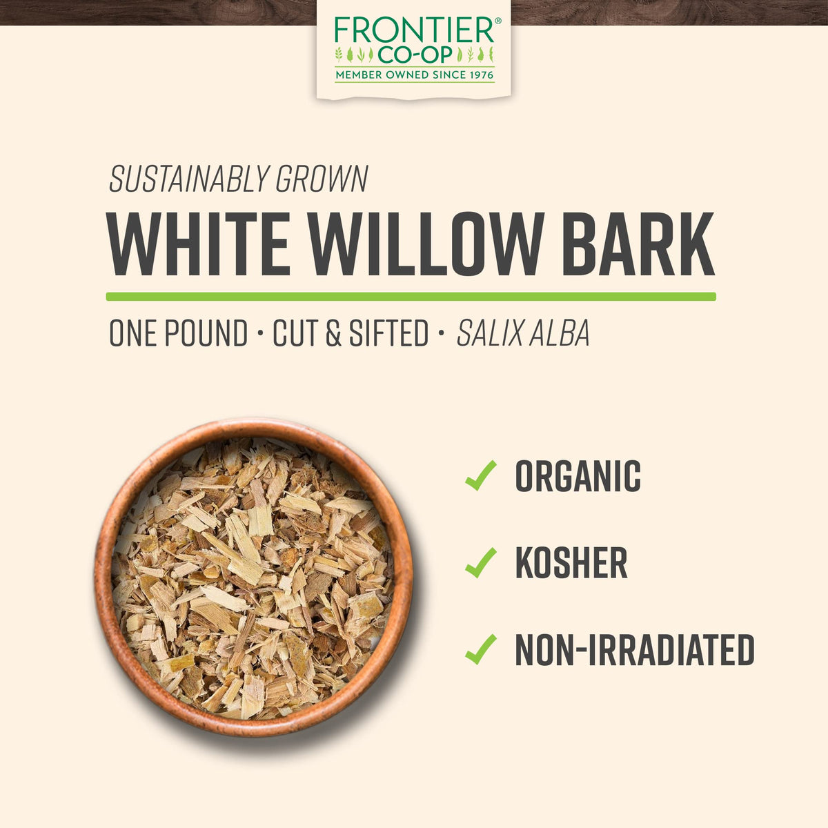 Frontier Co-op Willow Bark tea-steep highlights aromatic infusion and natural flavor.