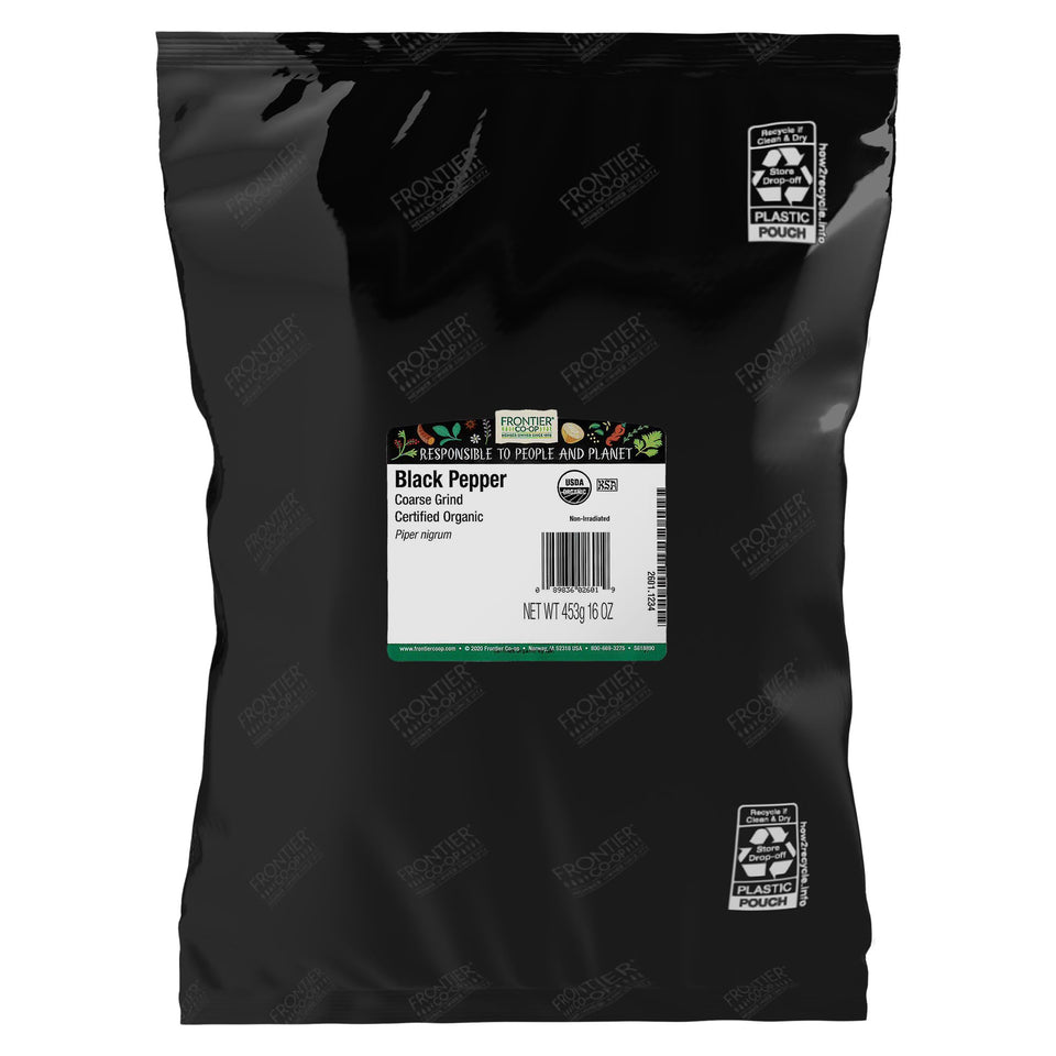 Frontier Co-op Organic Black Pepper coarse grind 1lb bag enhances savory dishes with bold aroma.