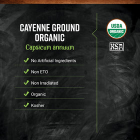 Frontier Co-op cayenne pepper bottle back label, clear organic certification and usage notes