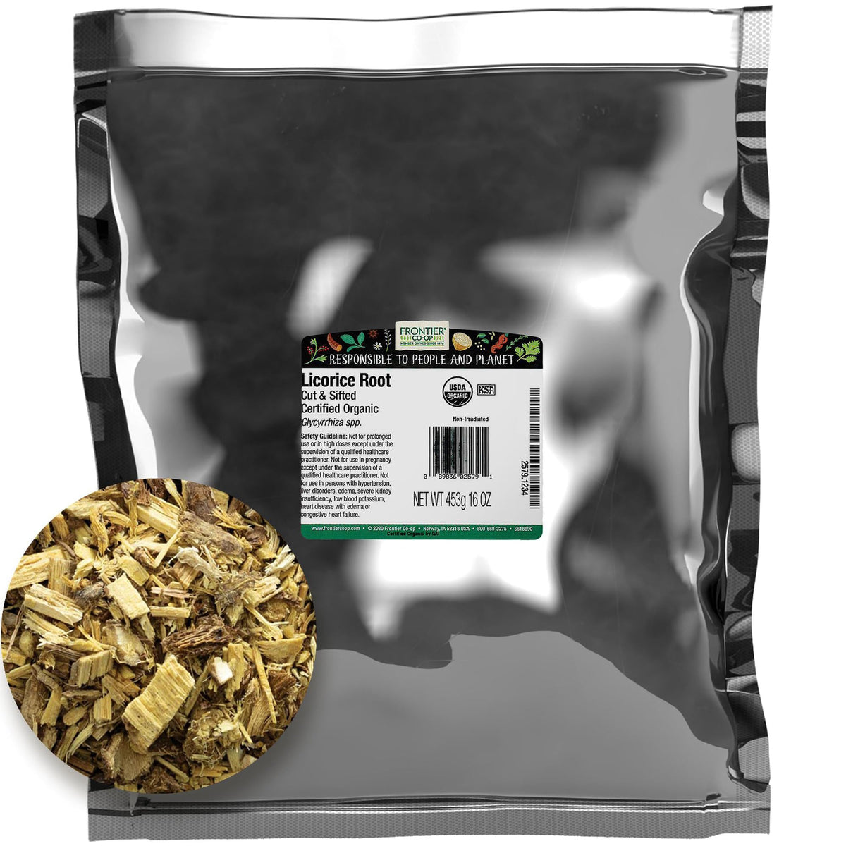 Frontier Co-op licorice root cut and sifted in a bulk bag for easy measuring