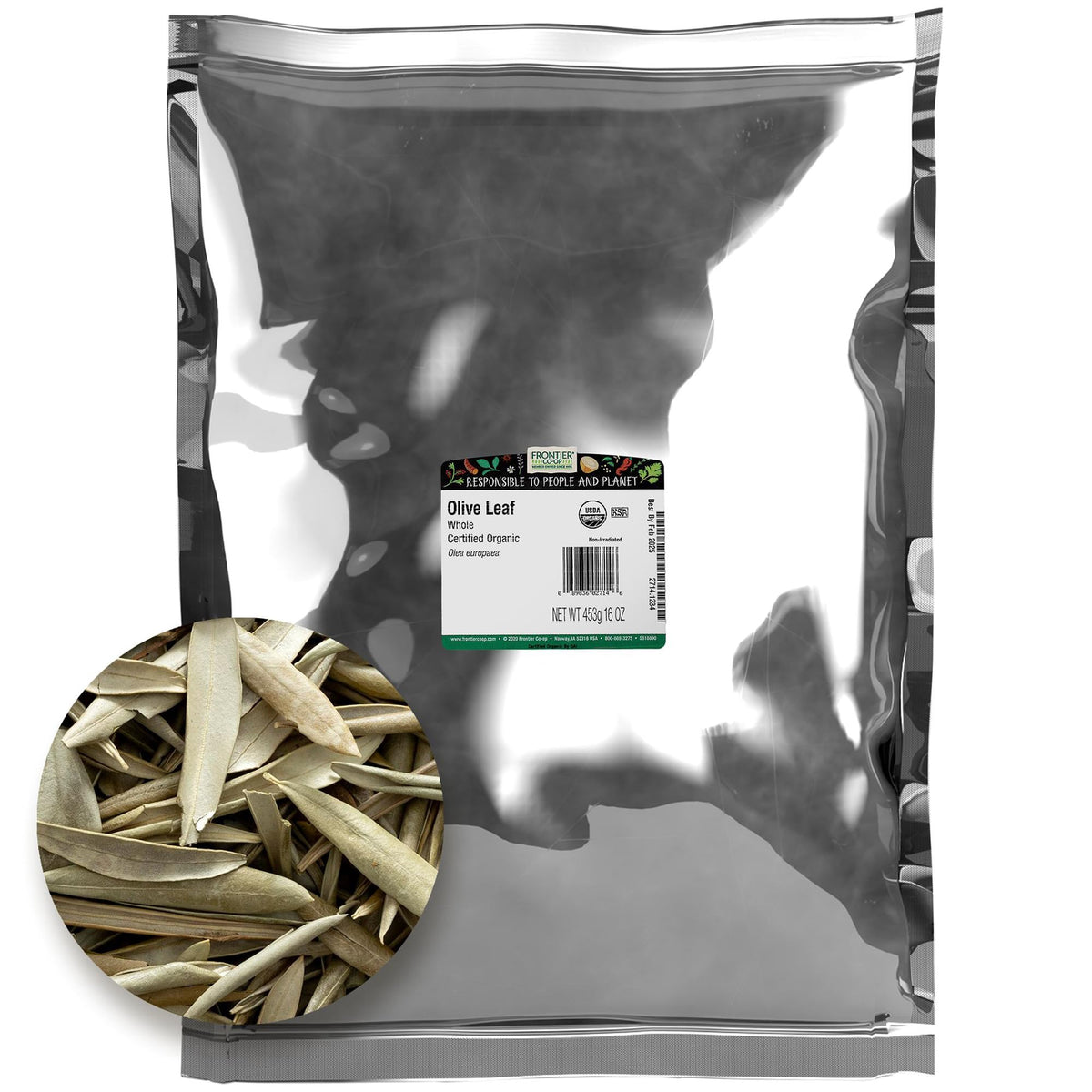 Frontier Co-op olive leaf bulk bag for tea and cooking, ready for daily use.