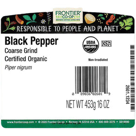 Frontier Co-op Organic Black Pepper bulk bag ready for kitchen use to season meals.