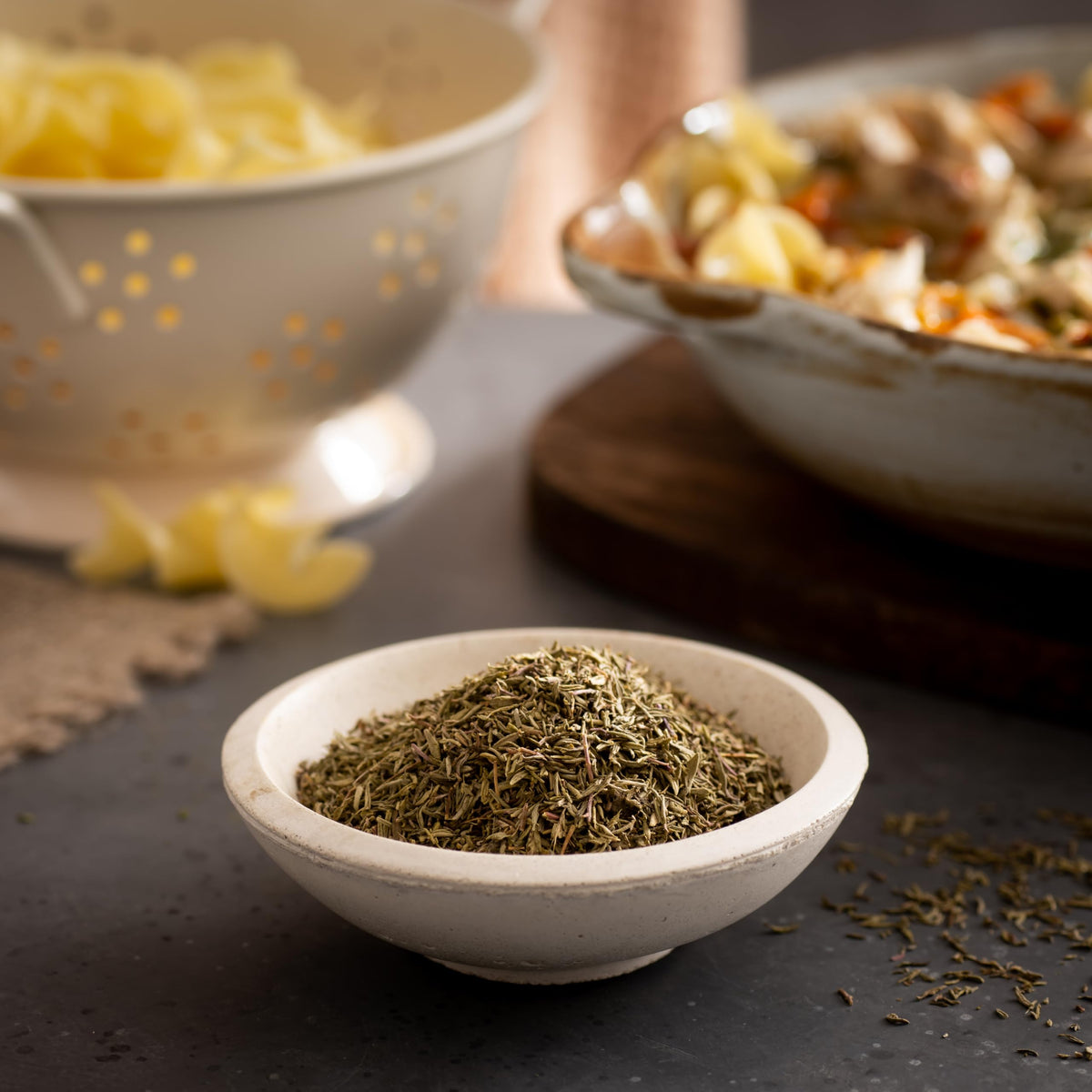 Frontier Co-op thyme leaf herb platter showcases versatile use in meals.
