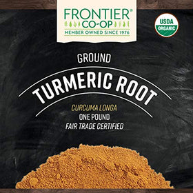 Frontier Co-op turmeric powder with a scoop for easy measuring
