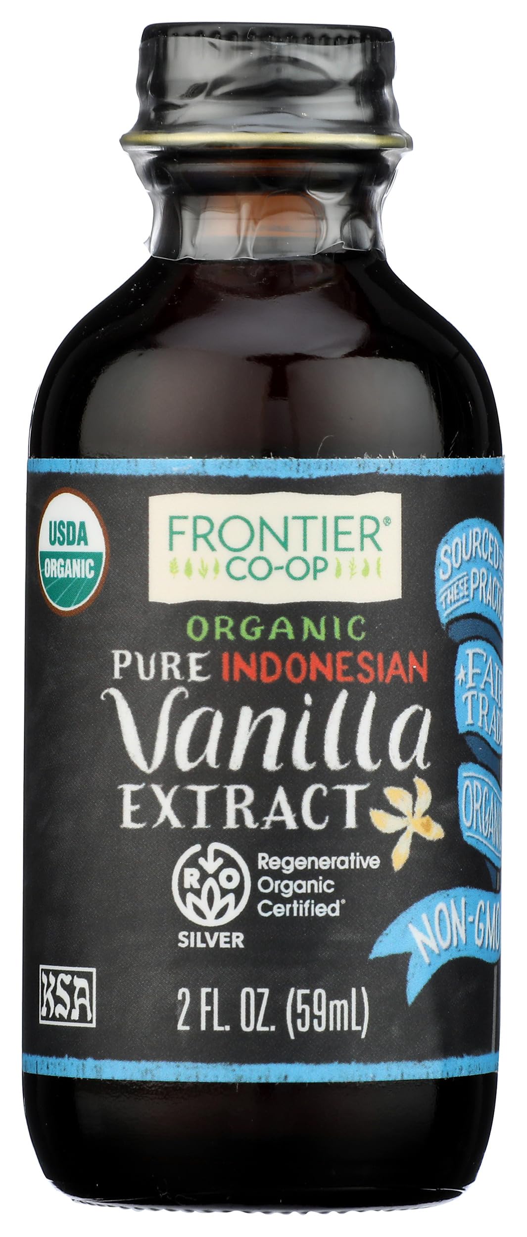 Frontier Organic Indonesian Vanilla Extract bottle on kitchen shelf for everyday baking