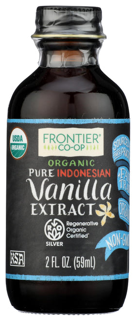 Frontier Organic Indonesian Vanilla Extract bottle on kitchen shelf for everyday baking