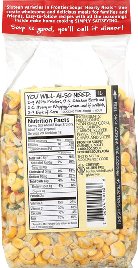 Frontier Soups corn chowder ingredients display highlighting real vegetables