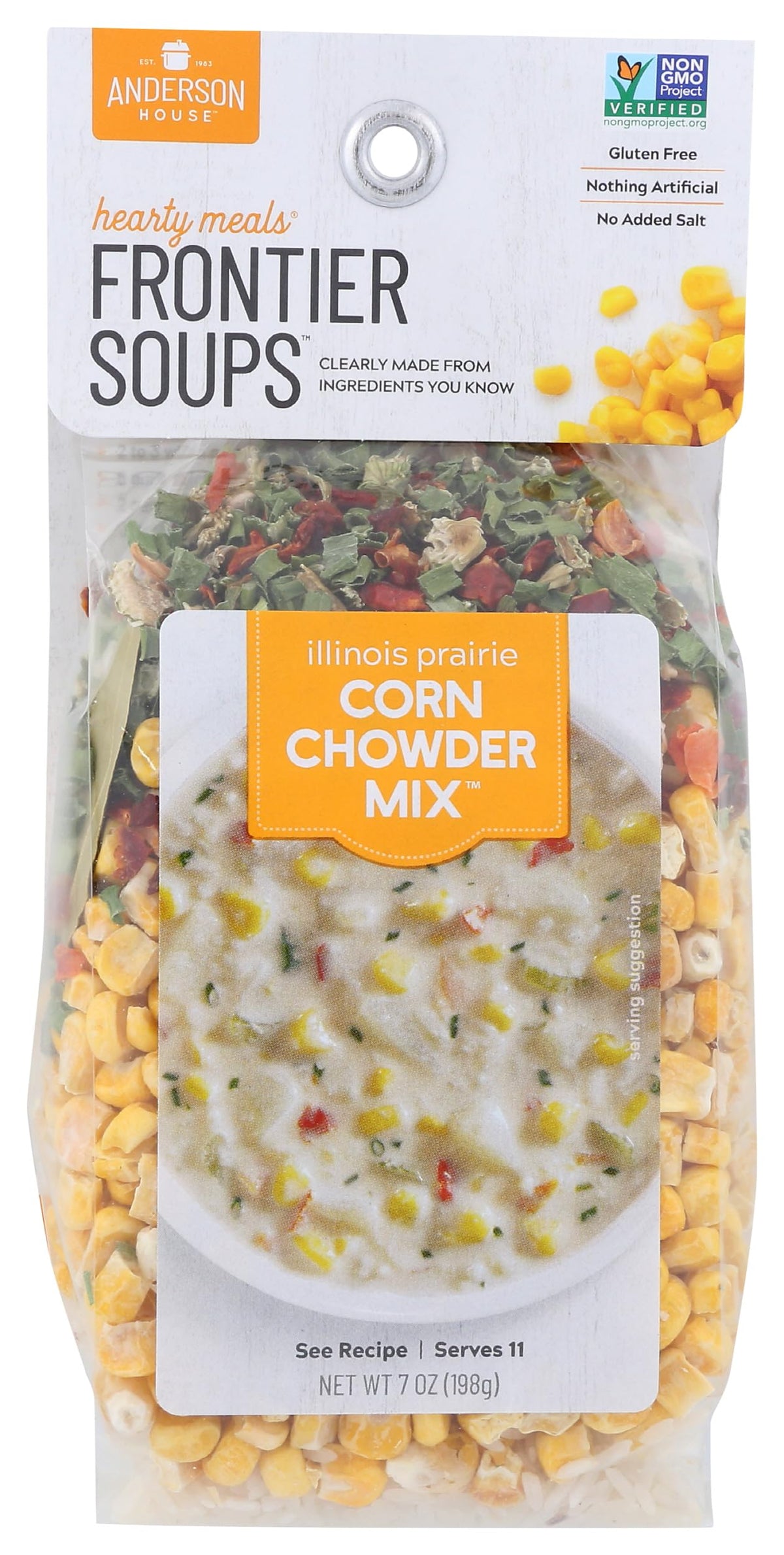 Frontier Soups corn chowder mix bag showing wholesome ingredients and easy prep