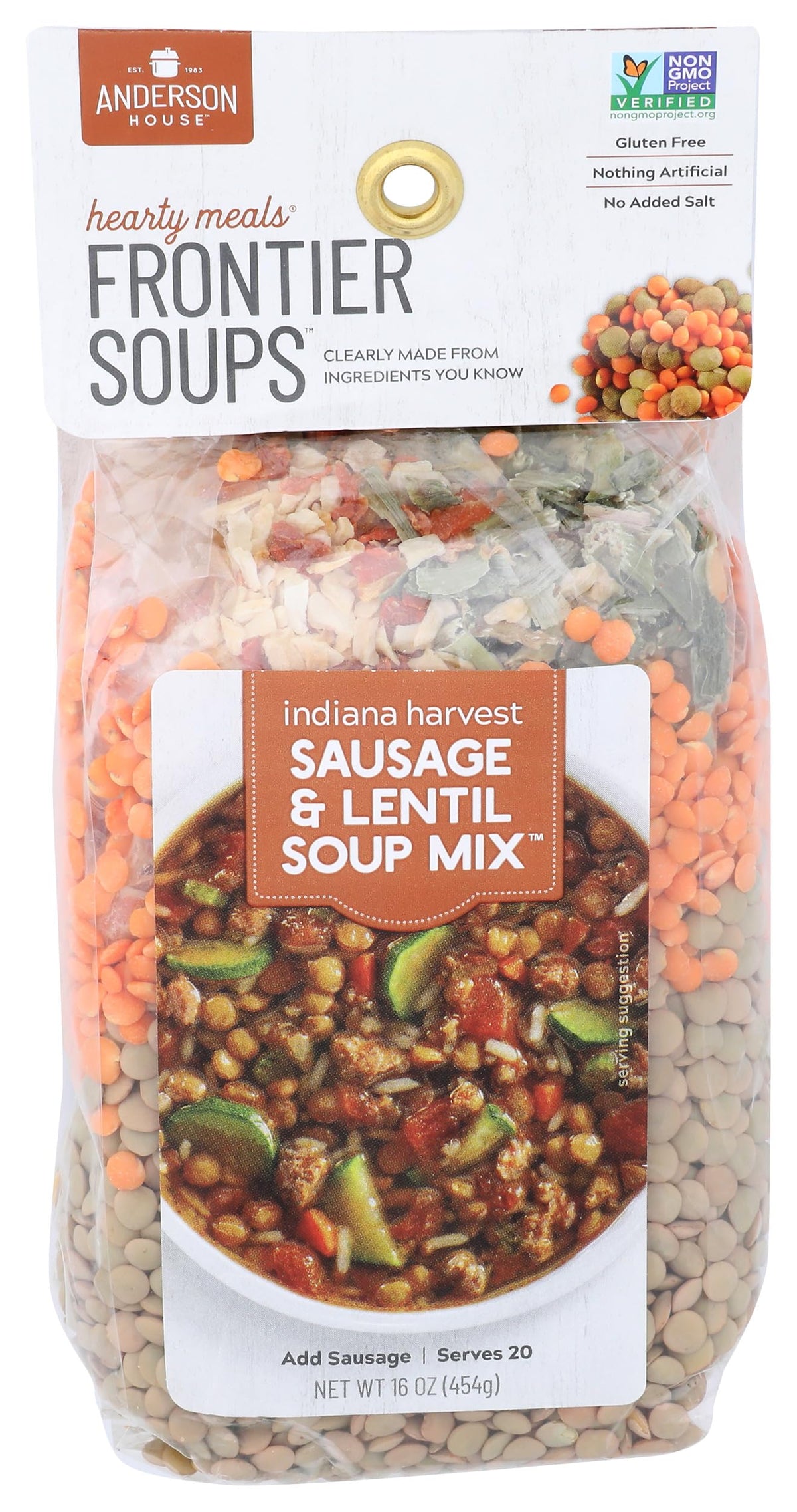 Frontier Soups sausage lentil mix box front promotes quick wholesome meals.