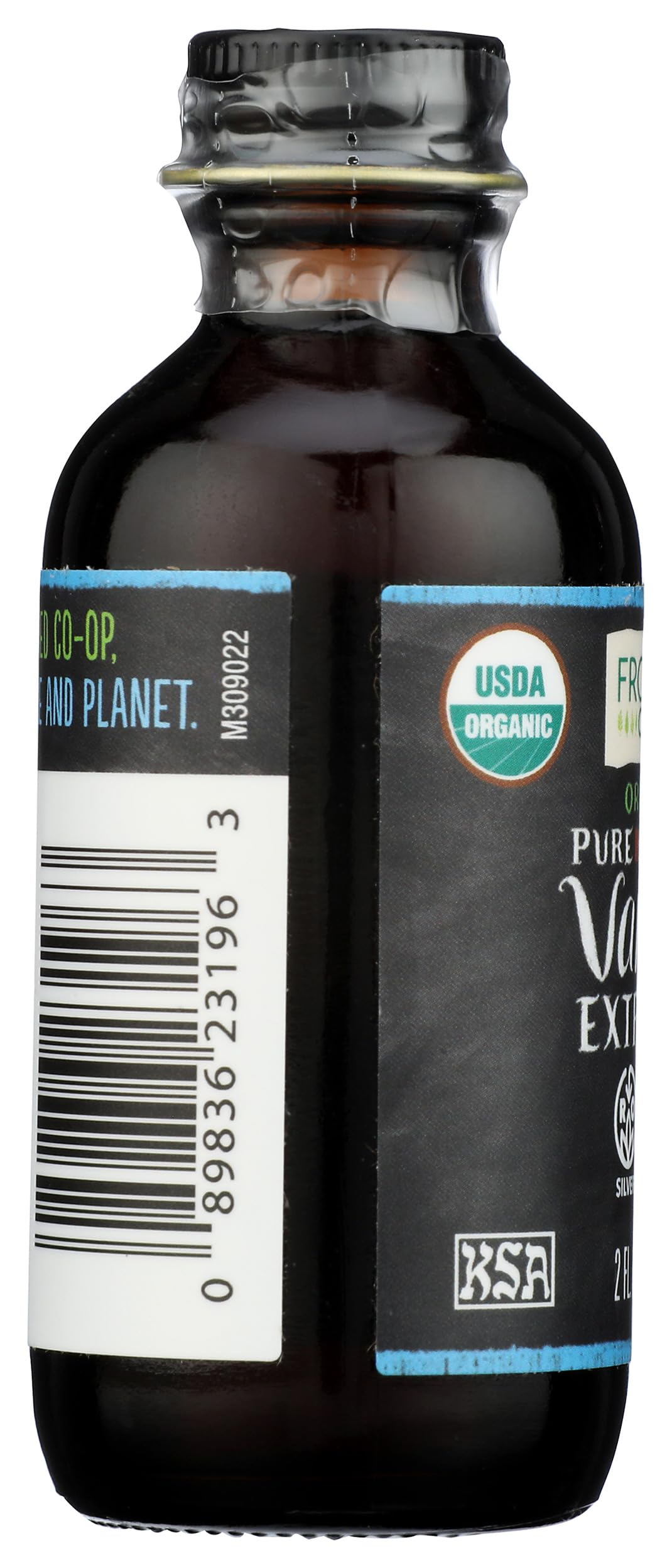 Label close-up of Frontier Organic Indonesian Vanilla Extract showing product details