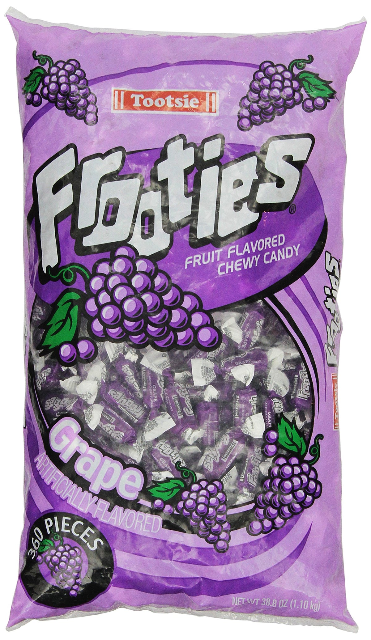 Frooties Tootsie Roll Grape Candy wrapper closeup highlighting chewy texture for snacking