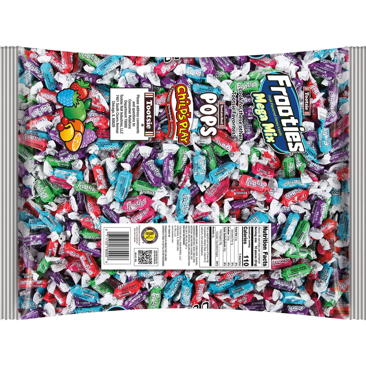 Close-up of Frooties Mega Mix candies highlights five flavors for vibrant snacking.