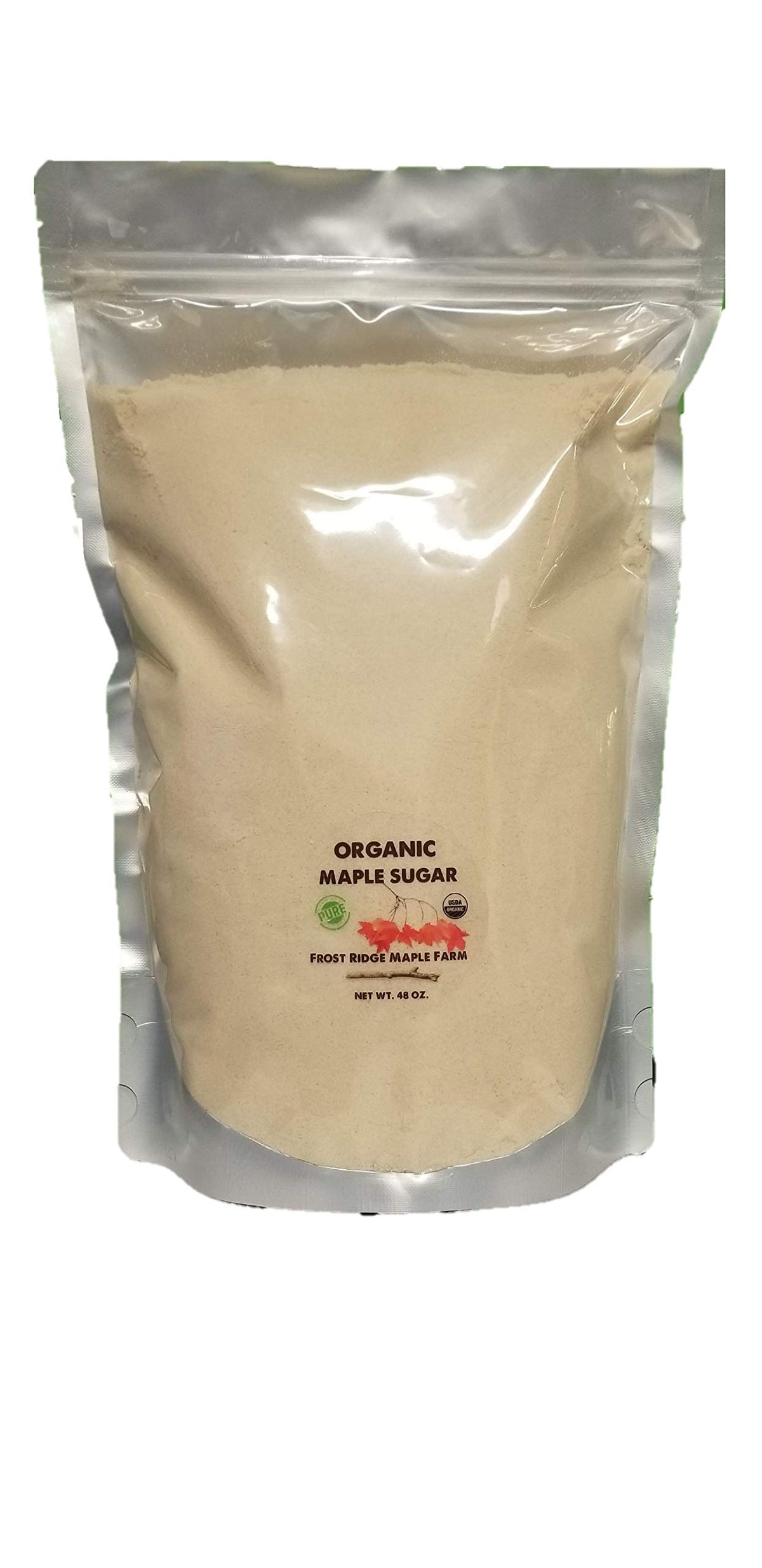 Frost Ridge Maple Farm powdered sugar bag front, organic purity for baking