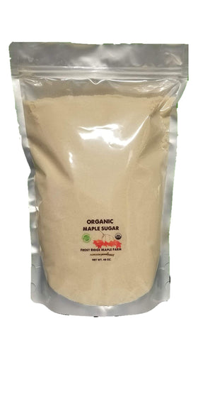 Frost Ridge Maple Farm powdered sugar bag front, organic purity for baking
