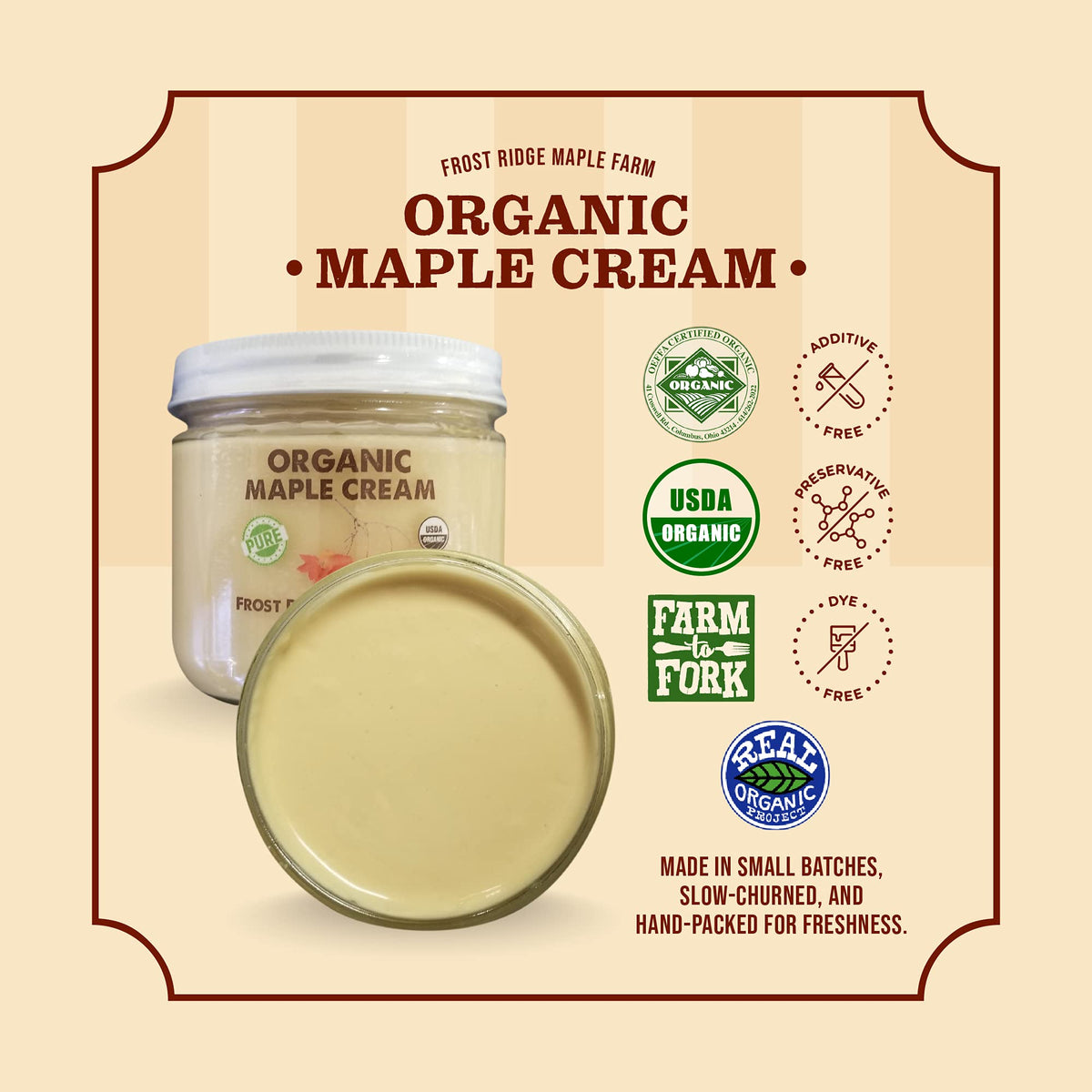 Frost Ridge Maple Farm small batch maple cream packaging sparks artisanal quality and freshness.