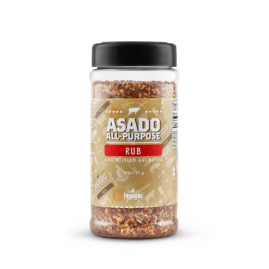 Frugoni Asado rub jar close-up, premium Argentine seasoning for grilled meals.