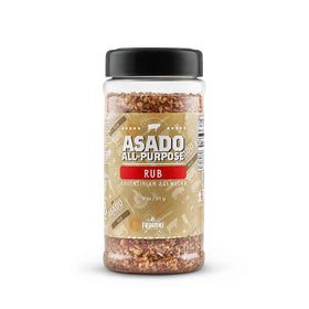 Frugoni Asado rub jar close-up, premium Argentine seasoning for grilled meals.