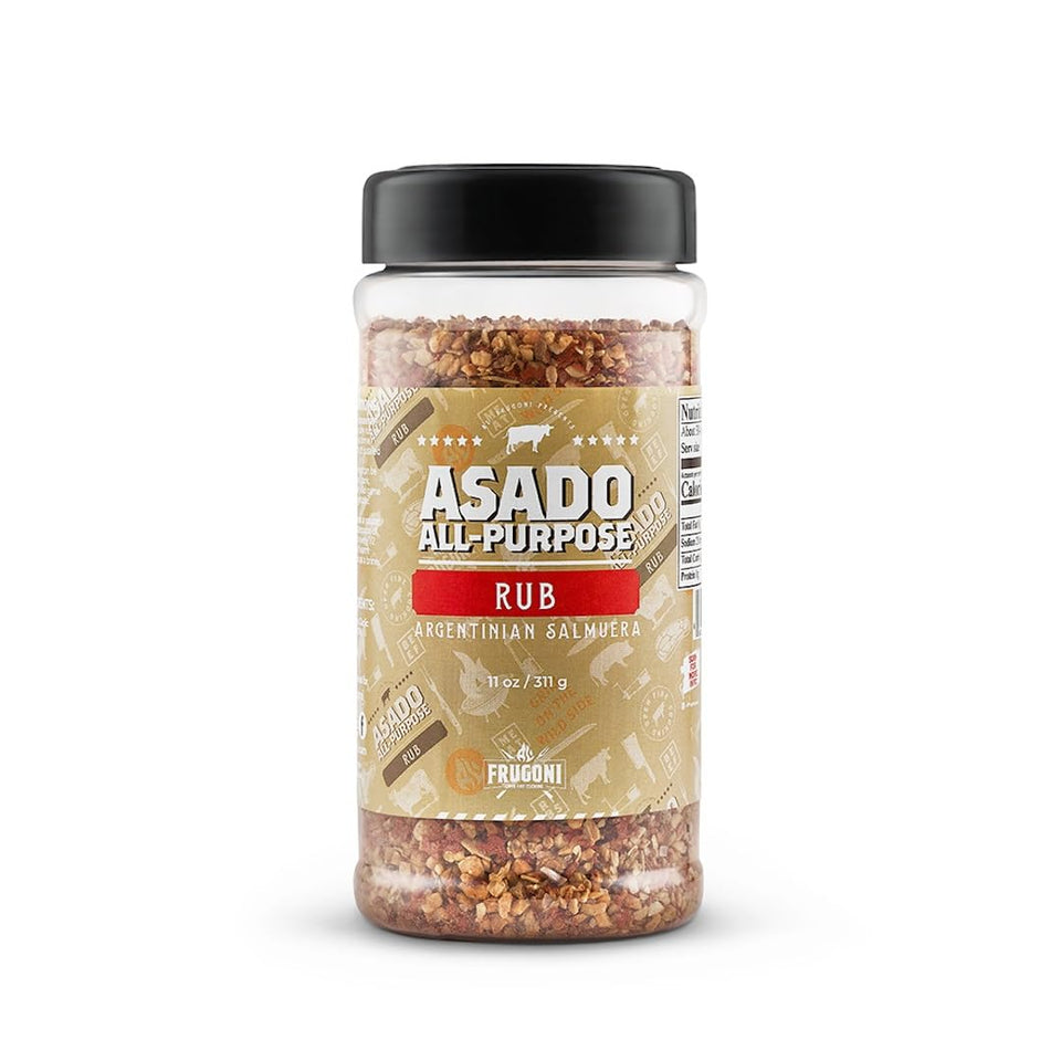 Frugoni Asado rub jar close-up, premium Argentine seasoning for grilled meals.