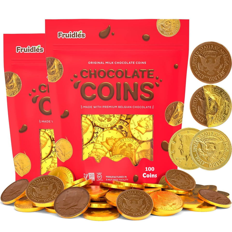 Fruidles 200 milk chocolate coins in gold foil, party decor.